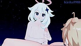 paimon and lumine riding aether's big cock in intense genshin impact hentai creampie