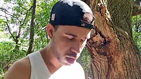 Two Brazilian Motorcyclists Dominate Each Other In Dirty Crossdressing Flashing Behind The Factory In The Bushes