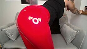 teen undresses in red leather leggings