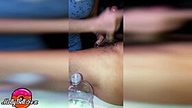 Sexy blonde with big tits gives handjob to monster cock lover instead of dinner. She makes him cum hard.