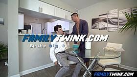 Is this your first day at school, twink? Getting fucked by muscular stepdad and stepuncle in a gay threesome early morning