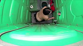 blowjob and swallow at porta gloryhole in outdoor construction site.