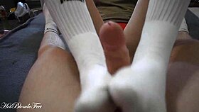 Blonde Miley Grey Gives Intense Footjob In Long Socks
