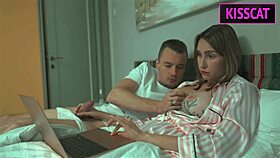 step son distracts step mom, she gives hand job but they fuck in dorm bed