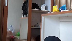 I watch the sexy gay in red lingerie and mask play anal.