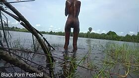 Skinny african local got fucked by journalist while bathing in a river.