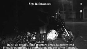 Wow, this naughty milf is showing off her skirt to the cuckold voyeur on the street!