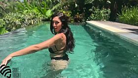Hot Brunette MILF Fucked by Pool, Gets Cum on Face