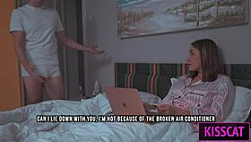 step son distracts step mom, she gives hand job but they fuck in dorm bed