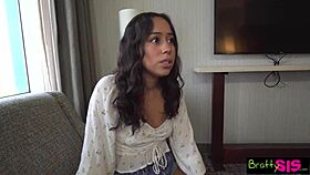 Brunette teases with blowjob and cowgirl fucking missing out