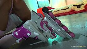 Blonde Rollerblades In Pink Stockings Around Boyfriend Before Riding His Dick