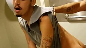 Gay bareback action starts in shopping mall bathroom ends on bed