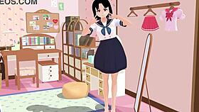 mia anime school girl poses in sailor uniform gravure in her room