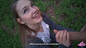 Exploring a powerful cumshot moment in the forest with a stunning beauty