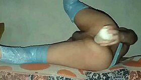 Sofi black feels intense pleasure stretching her ass in blue nylons lingerie with big toy