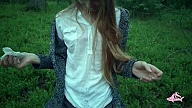 Exploring a powerful cumshot moment in the forest with a stunning beauty