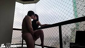 Naughty wife sucks big dick and gets pussy fucked on balcony for cum inside in public