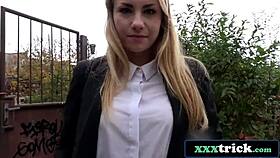 cute russian reporter fucked in public with clothes on. damn, that tight pussy took a big cock hard!