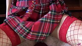 Skinny girl with big tits in fishnet stockings gets cosplay fuck by old guy