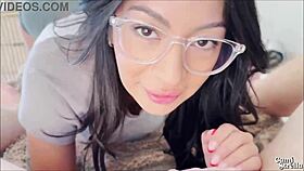 Nerdy step-sis, not really my sister, gets roughly creampied in homemade POV after blowjob and wet pussy riding