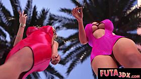 Big Tittied Redhead Boldly Strokes Blonde Futa's Huge Cock In Public!