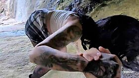 Lost kitten slurps milk from strangers in outdoor blowjob scene