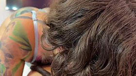 Sloppy blowjob from split tongue girl with pierced nipples and tattooed ass