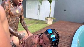 At the pool party with my friend's wife and her young stepdaughter, enjoying amateur fun