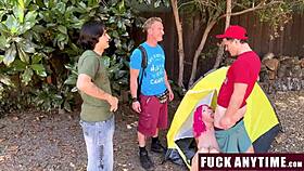 Three boys freeusing the hot chick during their camping trip