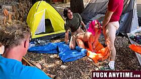 Three boys freeusing the hot chick during their camping trip