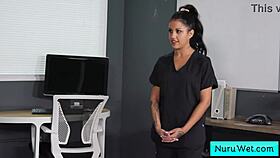 Ebony masseuse with big natural boobs gives wet nuru massage to Evan Stone