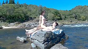 Hot Latina couple having risky sex on public beach and bus with huge double cumshot