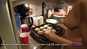 Raquel’s big tits bouncing while cooking naked!