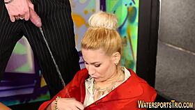 clothed fetish ho peed on while rocking heels and giving a blowjob. just another wild night with cum in mouth.