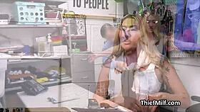 Blonde cougar strips and rides officer's fat dick on desk