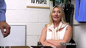 Blonde cougar strips and rides officer's fat dick on desk