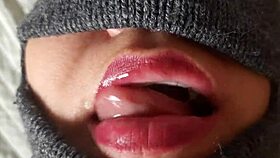 old submissive gets blindfolded blowjob closeup from black guy