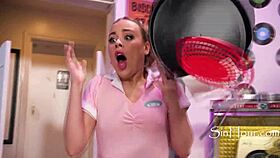 A waitress serves hot cups while caught masturbating retro biker