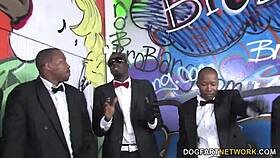 Busty blonde Cindee enjoys interracial gangbang with big black cocks