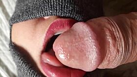 old submissive gets blindfolded blowjob closeup from black guy