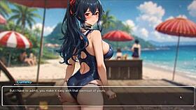 Watch this curvy teen's huge tits bounce in the romance hentai game exhibition at the beach!