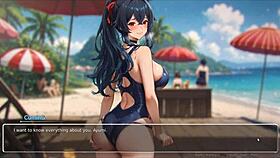 Watch this curvy teen's huge tits bounce in the romance hentai game exhibition at the beach!