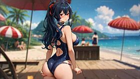 Watch this curvy teen's huge tits bounce in the romance hentai game exhibition at the beach!