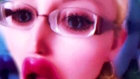 Dollification sissification huge pink lips transformation fetish with glasses.