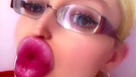 Dollification sissification huge pink lips transformation fetish with glasses.