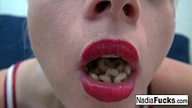 Hot Nadia devours cereal with sexy soldiers inside! What a wild blonde solo act!