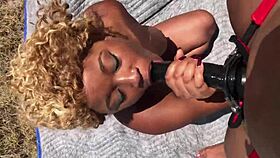 Porsha Carrera whips out big strapon to dominate Nina Rivera outdoors.