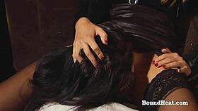 Bound Lesbian Slave Licks Mistress's Pussy On Her Knees