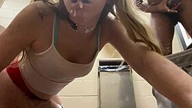College teen 18+ sucks off in dorm bathroom, gets facial for being late.