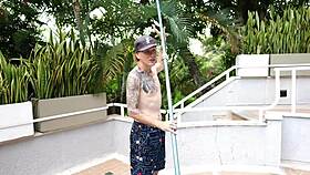 Jessica Osorio spends time with an employee outdoors while her husband is away